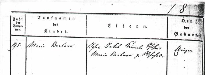 Ebingen Baptismal Register, year 1853, entry 195, left side