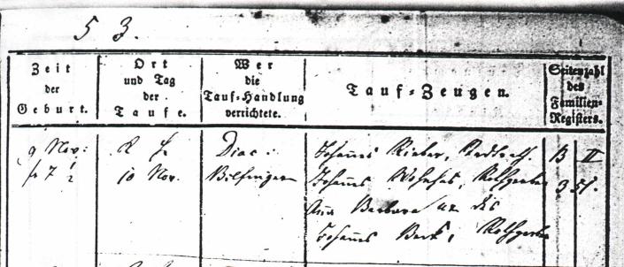 Ebingen Baptismal Register, year 1853, entry 195, right side